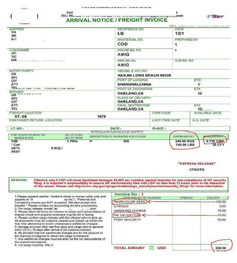 Less Container Load Arrival Notice Fees - e Customs Clearing