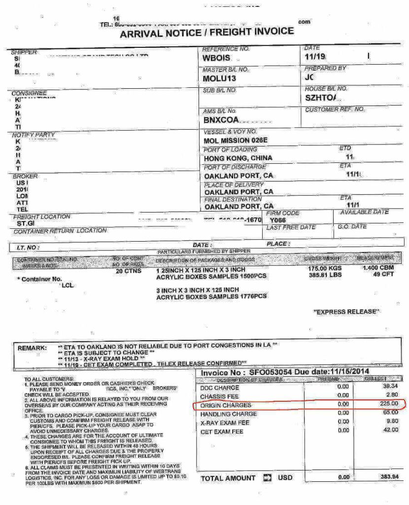 Less Container Load Arrival Notice Fees - e Customs Clearing