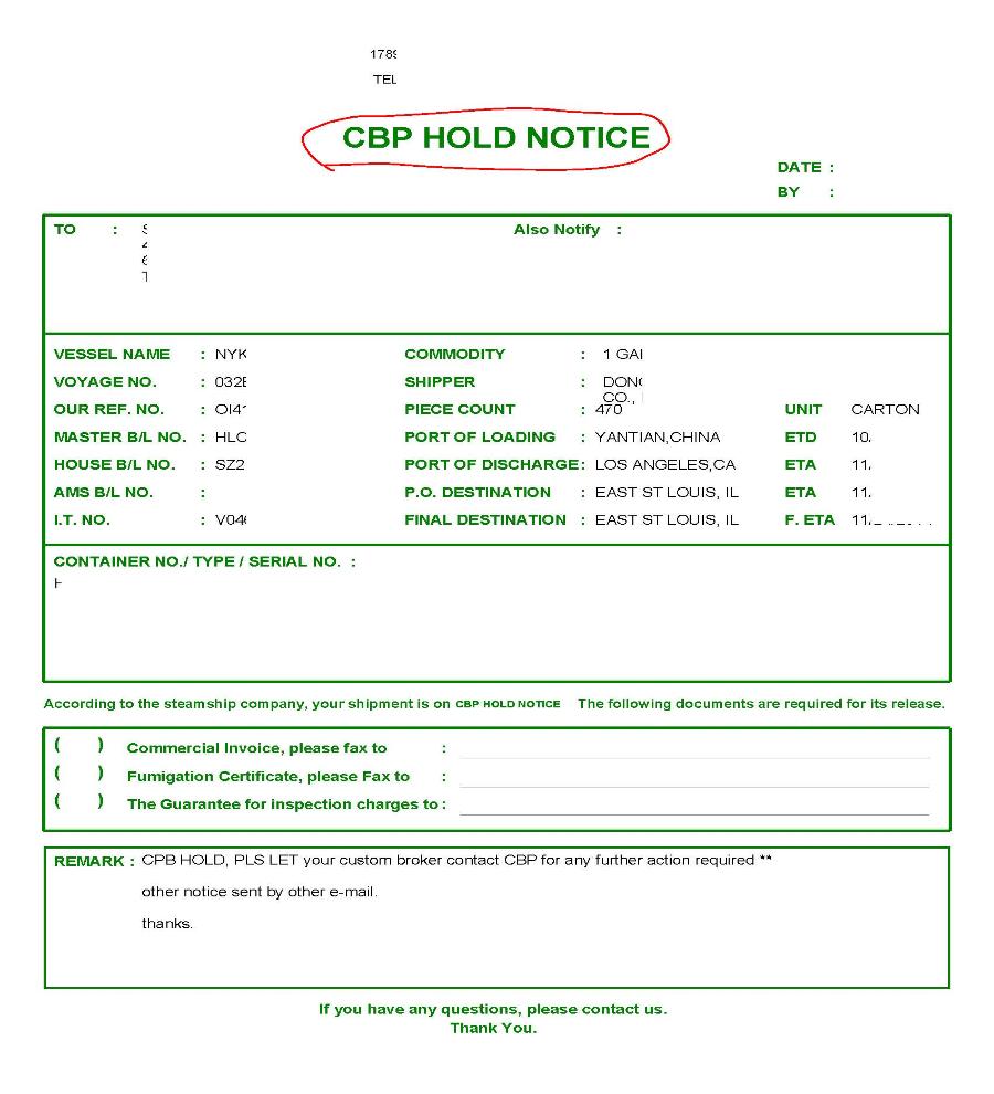 CBP Hold Notice