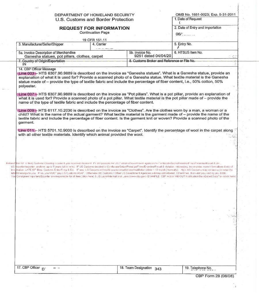 US Customs Request for Information